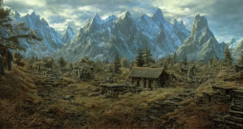 Prompt: Ted Nasmith painting of an Skyrim landscape