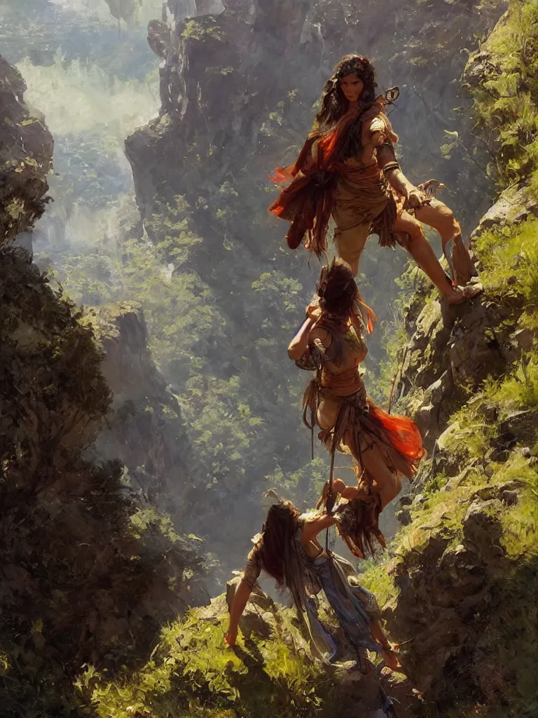 Image similar to oil art of young roma mage adventurer climbing down a cliffside in style of disco elysium character, gipsy jester character design from ravenloft, art by anders zorn, wonderful masterpiece by greg rutkowski, beautiful cinematic light, american romanticism by greg manchess, jessica rossier