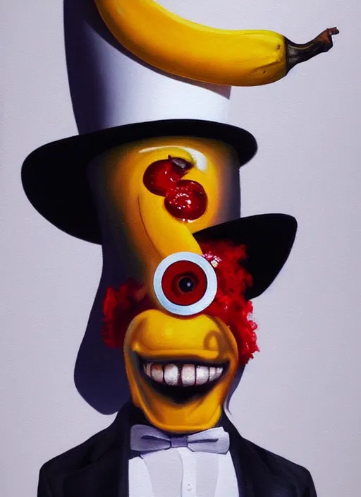 Image similar to hyper realistic painting of an anthropomorphic banana with bloodshot eyes; wearing a white shirt and white top hat; painted by Greg Rukowtski