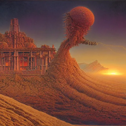 Prompt: a hybrid of the mandelbox and a barren hellscape populated by demons, illustrated by thomas kincade and wayne douglas barlowe, hyperrealism