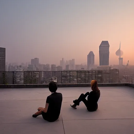 Image similar to a small rooftop with a couple of people sitting and watching the view, wearing black modern clothes, designed by rick owens, messy short hair, modern shanghai bund in smog is on the background, sunset, pale colors, by gregory crewdson