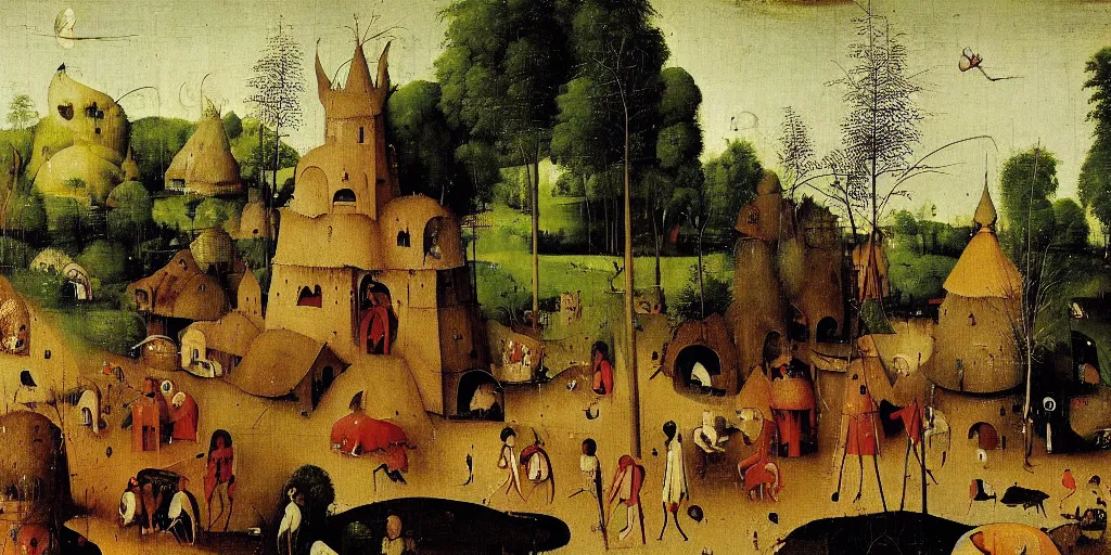 Prompt: painting of a kerala village by Hieronymus Bosch