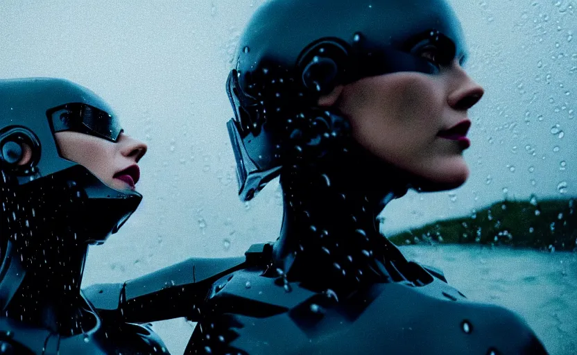 Image similar to cinestill 5 0 d candid action photographic portrait by quentin tarantino of two loving female androids wearing rugged black mesh techwear in treacherous waters, extreme closeup, modern cyberpunk retrofuturism moody emotional cinematic, pouring iridescent rain, 8 k, hd, high resolution, 3 5 mm, f / 3 2, motion blur, ultra realistic faces, ex machina