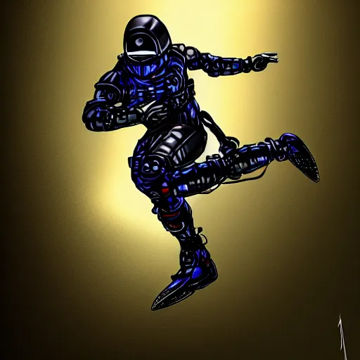 Image similar to cybernetic ninja jumping across a gap, digital art, sword