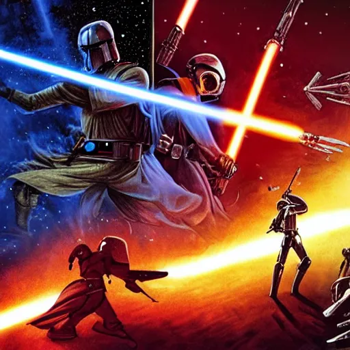 Image similar to an epic battle scene in space, style of star wars