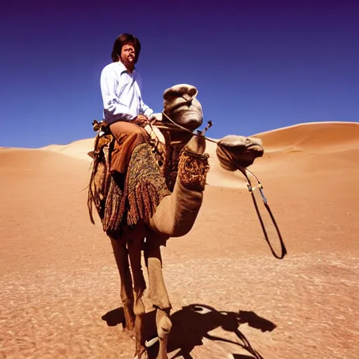 Prompt: Paul McCartney riding a camel in the desert, 8k, high definition, highly detailed, photo-realistic