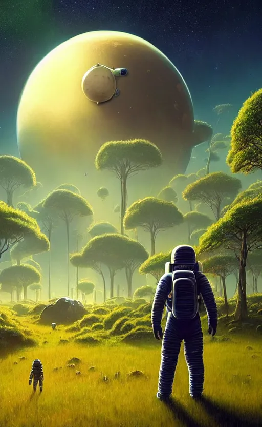 Image similar to A astronaut gazing upon an amazing alien landscape with lush vegetation, digital art, breathtaking, golden ratio, extremely detailed, hyper-detailed, establishing shot, hyperrealistic, cinematic lighting, particles, unreal engine, simon stålenhag, rendered by Beeple, Makoto Shinkai, syd meade, simon stålenhag, Ruan Jia, Kentaro Miura, environment concept, artstation, octane render, 8K UHD image