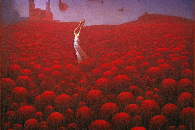 Image similar to only with red, red flowers of different types, a red tiger, a castle in the background, medieval demons dance over the flowers, an ancient path, in the style of beksinski, part by hopper, part by rodcenko, part by hofbauer, intricate composition, red by caravaggio, insanely quality, highly detailed, masterpiece, red light, artstation