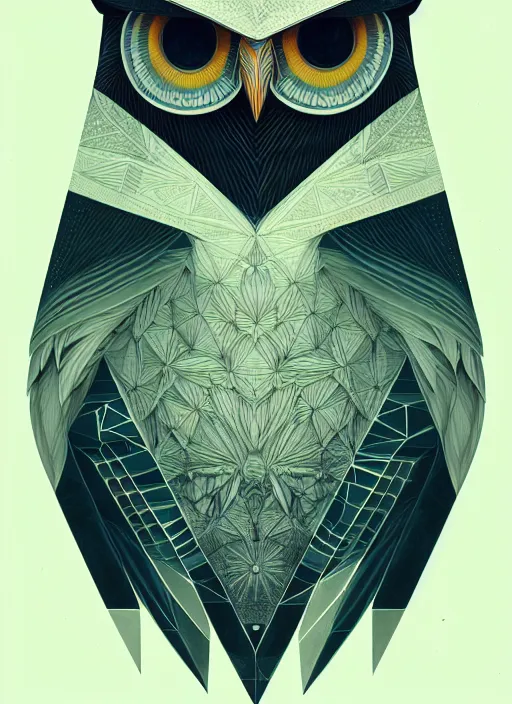 Image similar to portrait of a geometric owl, identical eyes, medium shot, illustration, full body made of white feathers, symmetrical, art stand, super detailed, cinematic lighting, and its detailed and intricate, gorgeous, by peter mohrbacher