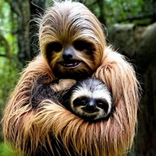 Prompt: Chewbacca holding baby sloth