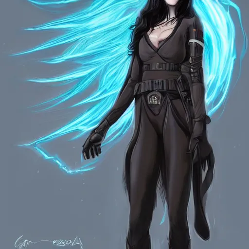Image similar to girl in casual clothes with long black hair wearing dune - style force field, trending on artstation