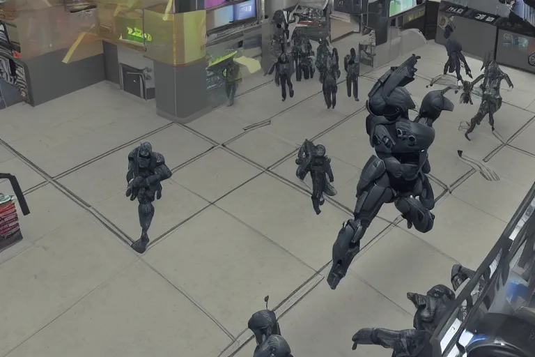 Image similar to halo master chief robbing a walmart, cctv footage, high angle, photorealistic, 8 k