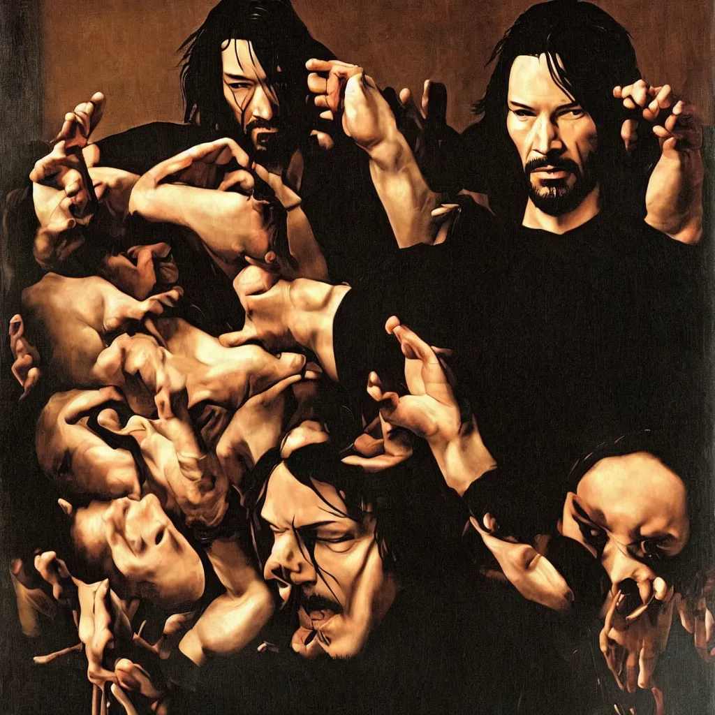 Image similar to A Caravaggio painting of Keanu Reeves in The Matrix