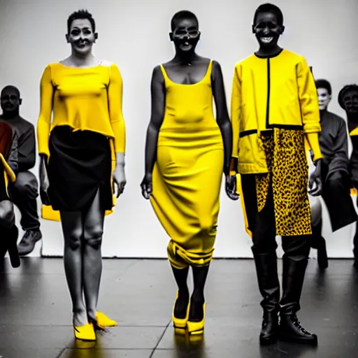 Prompt: brutalist fashion incorporating black and yellow, fashion show, studio lighting