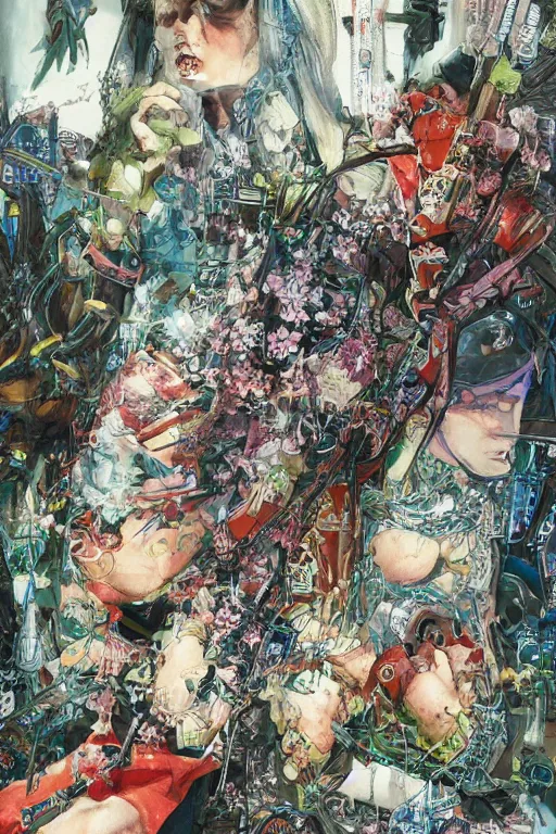 Prompt: cyberpunk fashion model wrapped in flowers and wired, vintage style, by yoichi hatakenaka, masamune shirow, josan gonzales and dan mumford, ayami kojima, takato yamamoto, barclay shaw, karol bak, yukito kishiro