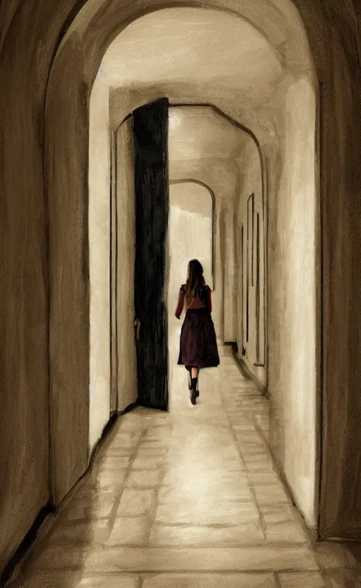 Prompt: servant girl walking in castle hallway, about to enter doorframe, half turned around, full body, realistic, digital painting