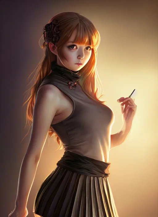 Image similar to portrait of a full body of beautiful young female detective, d & d, sleeveless turtleneck, pleated skirt, fantasy, flat lighting, intricate, highly detailed, digital painting, artstation, concept art, smooth, sharp focus, illustration, misa amane, art by simon bisley and greg rutkowski and alphonse mucha, natural tpose