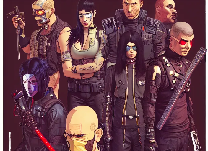 Prompt: cyberpunk samurai kill team. portrait by stonehouse and mœbius and will eisner and gil elvgren and pixar. character design. realistic proportions. cyberpunk 2 0 7 7 character art, blade runner 2 0 4 9 concept art. cel shading. attractive face. thick lines. the team. diverse characters. shadowrun. artstationhq.