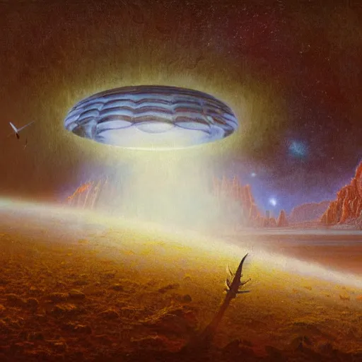 Prompt: unpublished photo of UFO, by John Howe & Quentin Mabille & Dmitry Zaviyalov & Albert Bierstadt, hyperdetailed, photorealistic