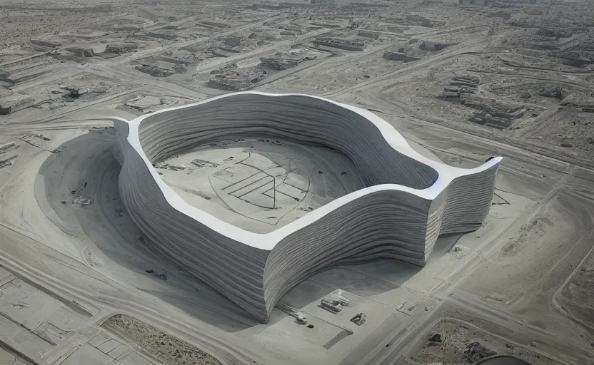Image similar to parametric structure, medical complex, in the desert beside the gulf, view from above, design by mad architect, dezeen, architectural photography