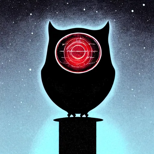 Image similar to an owl on the top of pyramid, darkest night, red eyes glowing, illustration, alan moore, watchmen, colorful, less saturation, grain, noise, avant garde, nft style, circle frame, rose black frame, coin look a like