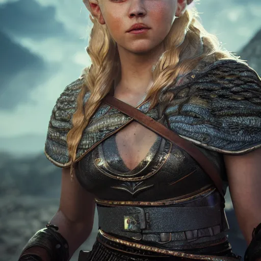 Image similar to portrait art of lagertha, 8 k ultra realistic, lens flare, atmosphere, glow, detailed, intricate, full of colour, cinematic lighting, trending on artstation, 4 k, hyperrealistic, focused, extreme details, unreal engine 5, cinematic, masterpiece