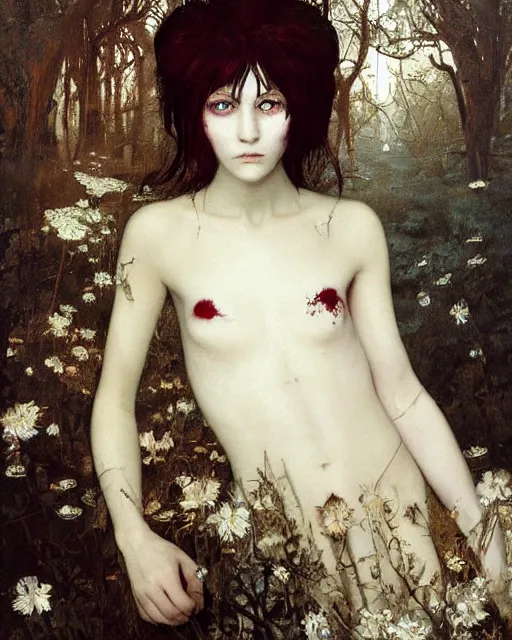 Image similar to a beautiful but creepy young woman in layers of fear, with haunted eyes, violence in her eyes, crazy white hair, wearing vivienne westwood, 1 9 7 0 s, seventies, delicate embellishments, a little blood, woodland, moonlight shining on wildflowers, painterly, offset printing technique, by alexandre cabanel