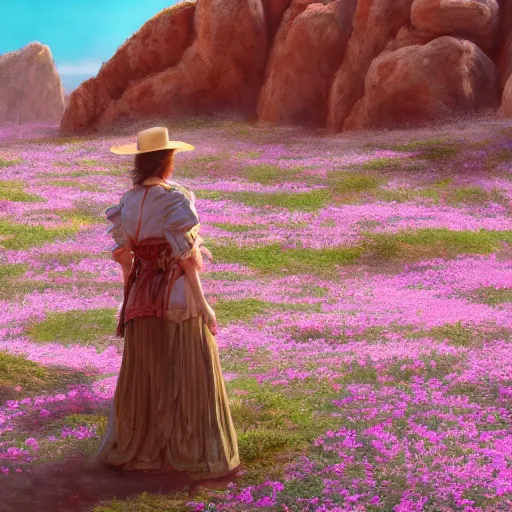 Prompt: a matte painting of the wild west, woman standing in patchy flower rocks, oil painting, pale colors, high detail, 8 k, wide angle, trending on artstation,