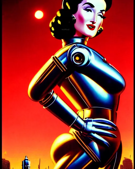 Image similar to closeup beautiful retro space dita von teese posing with a chrome robot in diesel punk city at night, pinup, windblown dark hair, seductive, hyper detailed, digital art, smooth, sharp focus, gil elvgren, luis royo, alberto vargas, 1 9 5 0, when mars attacks