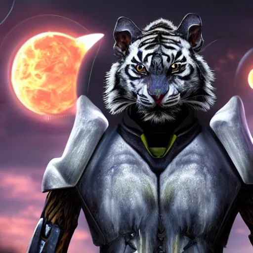 Image similar to a humanoid with cat-like features, yellow eyes, teeth that protrude past the lower lip (sort of like a saber-tooth tiger) and fine grayish fur on their faces and backs of their hands wearing futuristic alien armor and carrying weapons, octane,