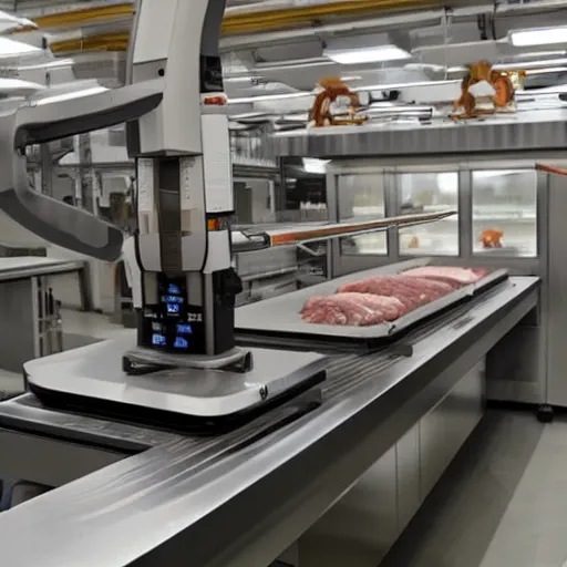 Image similar to butcher shop with robotic kuka robot cutting machines, steel countertops display various cuts of meat, photorealistic, highly detailed