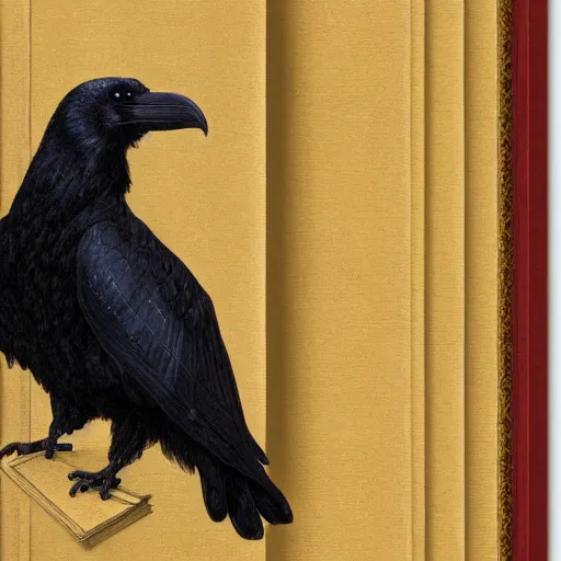 Image similar to beautifully detailed portrait of a detailed raven looking at a book laid out on a golden silk cloth, in a serene beautiful stone arched garden at beautiful sunrise by frederic leighton and by rosetti and sidney cooper, 4 k, artstation