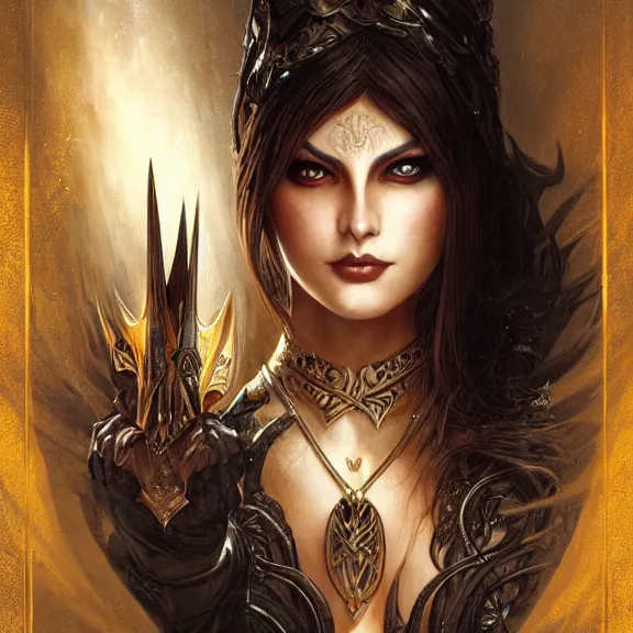 Image similar to a higly detailed painting of a sorceress with piercing beautiful eyes, dark dungeon setting, dynamic lighting, ambient lighting, deviantart, art by artgerm and karol bak and mark brooks