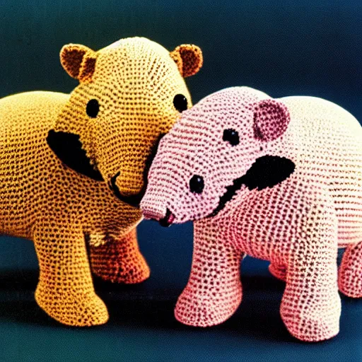 Image similar to multicolored crocheted tapirs, 1 9 8 0 s catalogue photo