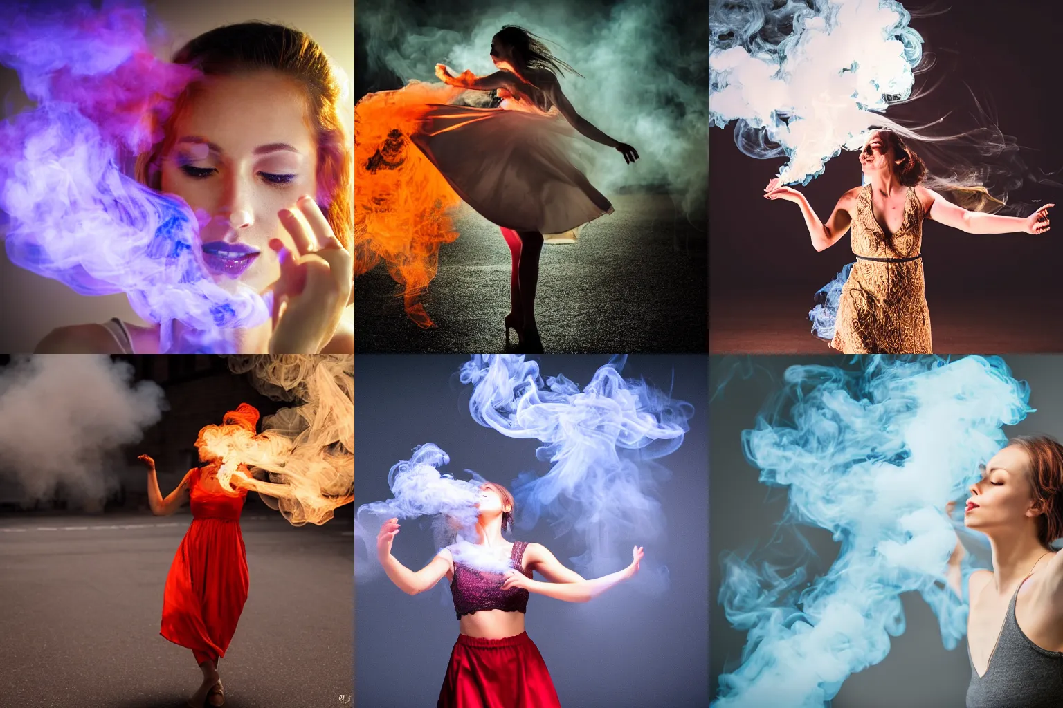 Prompt: a beautiful woman dancing in smoke, perspective, smoke, ambient lighting, 8k,