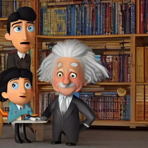 Image similar to Albert Einstein and Nikola Tesla fighting, pixar movie