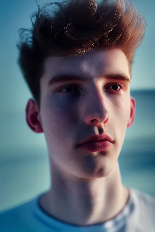 Image similar to high quality pastel coloured film mid angle selfie photograph of a beautiful young 2 0 year old male, soft features, short black hair, resting in an icelandic black rock environment. atmospheric. three point light. photographic. art directed. ( pastel colours ). volumetric light. clearcoat. waves glitch. 8 k. filmic.