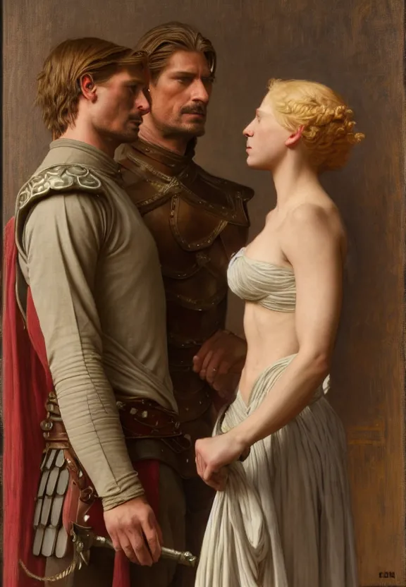 Image similar to attractive handsome fully clothed jaime lannister confesses his love for attractive fully armored brienne of tarth. centered composition. highly detailed painting by gaston bussiere and j. c. leyendecker and william adolphe bouguereau and fra angelico and octane render, musee d'orsay 8 k