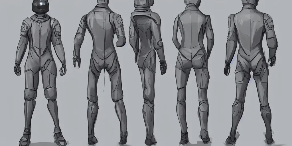Prompt: male, space suit, character sheet, concept art, stylized, large shoulders, short torso, long thin legs, exaggerated proportions, concept design