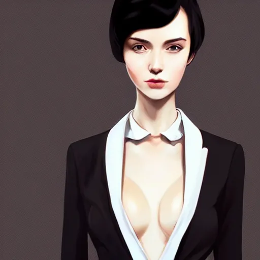 Image similar to slim girl in tuxedo with short black hair, elegant, 2d, ultra highly detailed, digital painting, smooth, sharp focus, artstation, art by Ilya Kuvshinov