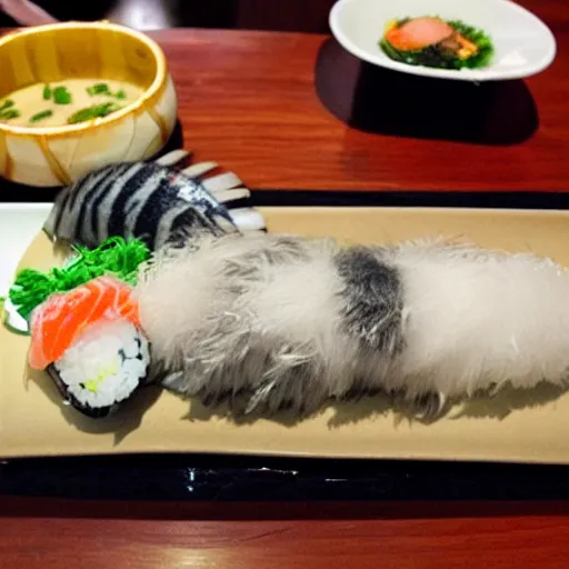 Prompt: cat in sushi house