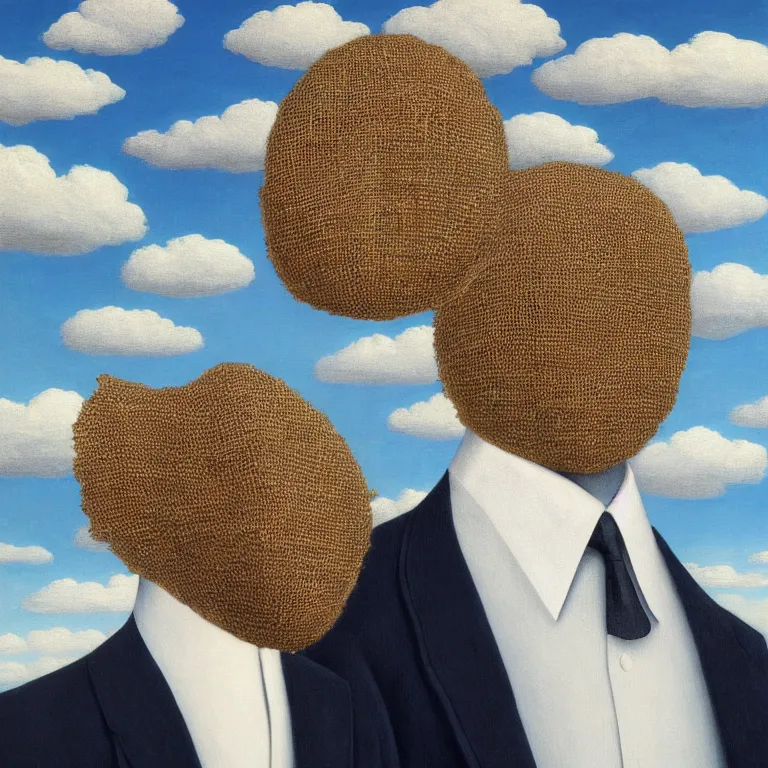 Image similar to portrait of a faceless burlap sack - head man in a suit, clouds in the background, by rene magritte, detailed painting, distance, centered, hd, hq, high resolution, high detail, 4 k, 8 k