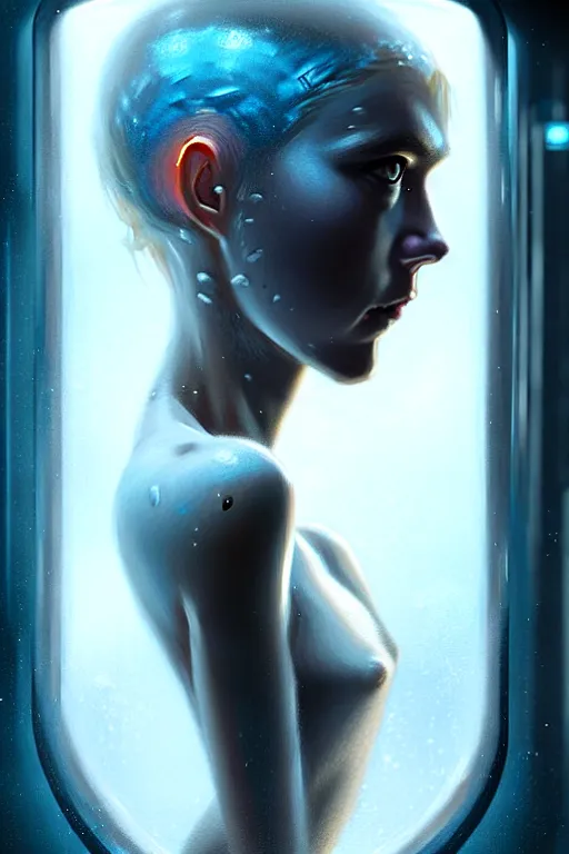 Image similar to a young, slender girl in cryocapsule container, freezing, hyperrealistic face, beautiful eyes, fantasy art, in the style of greg rutkowski, intricate, hyperdetalized, smooth, cyberpunk, tech