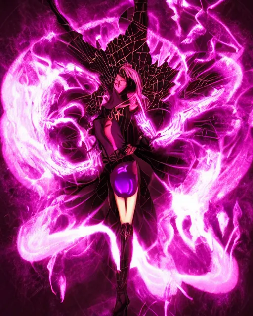 Image similar to pyromancer devil girl cover in purple death flames, deep pyro colors, purple laser lighting, award winning photograph, radiant flares, intricate, various refining methods, micro macro autofocus, evil realm magic painting vibes