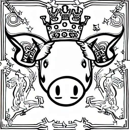 Prompt: flying pig in a crown with a unicorn horn with rainbows coming out of its but black and white thick outline drawing