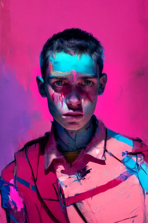 Prompt: portrait of a young soldier boy nor living in a death postapoliptic world, painterly painted in the colors hot pink and cyan, beautiful face, rule of thirds, complex outfit, spotlight, octane render, dramtic lit, by greg rutkowski, by jeremy mann, by francoise nielly, by van gogh, digital painting