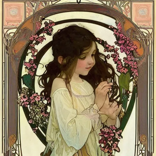 Image similar to art nouveau painting by Alphonse Mucha of a little girl with curly brown hair framed by flowers. Soft, muted colors, dreamy aesthetic.