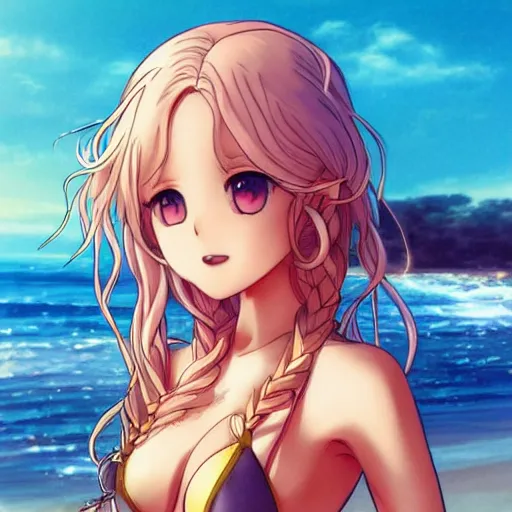 Prompt: a very beautiful anime girl, full body, short braided curly blonde hair, golden eyes, full round face, short smile, light pink bikini, beach setting drawn by artgerm