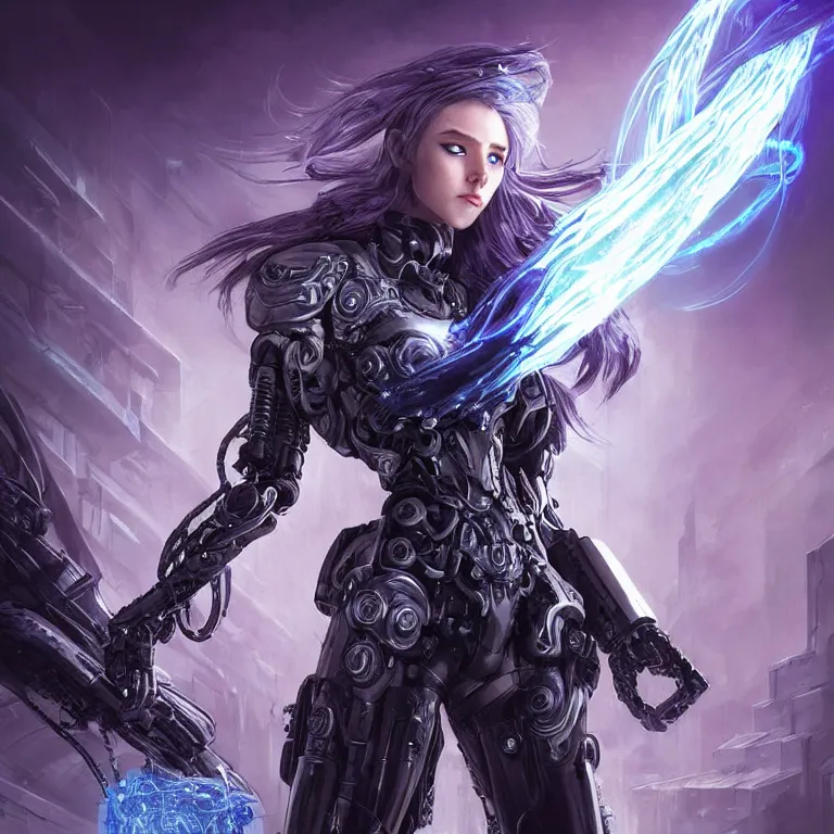 Image similar to beautiful cinematic fantasy poster, a beautiful cyberpunk cyborg with an ornate black and silver sci-fi rifle, brilliant silver flowing hair, beautiful blue glowing galaxy eyes, wideshot ultrawide angle epic scale, hybrid from The Elden Ring and art direction by Darius Zawadzki ;by artgerm; wayne reynolds art station; cinematic quality character render; low angle; ultra high quality model; production quality cinema model;