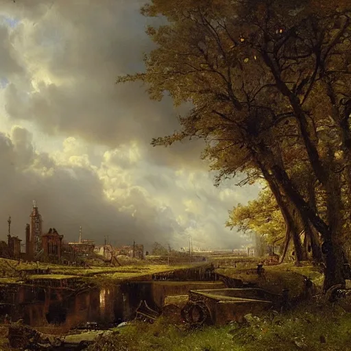 Image similar to post apocalyptic frankfurt, overgrown, landscape, romanticism by andreas achenbach